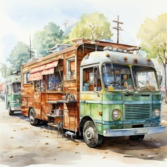 City food trucks in watercolor style. AI generate illustration