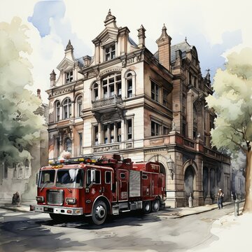 City fire station in watercolor style. AI generate illustration