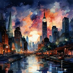 Cityscapes at night in watercolor style. AI generate illustration - obrazy, fototapety, plakaty