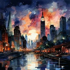 Foto op Aluminium Cityscapes at night in watercolor style. AI generate illustration © PandaStockArt