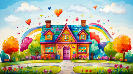 Whimsical Childlike Art of Colorful Houses created with Generative AI technology