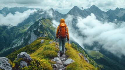 Hiking up a mountain, hiker on top of the mountain - obrazy, fototapety, plakaty