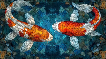 Obraz na płótnie Canvas Stained glass window background with colorful Koi fish abstract.