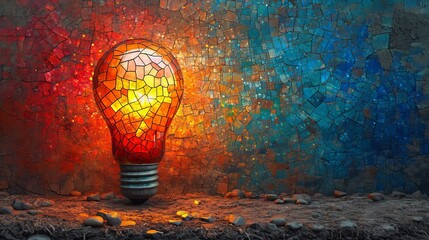 Stained glass window background with colorful Light bulb abstract. - obrazy, fototapety, plakaty
