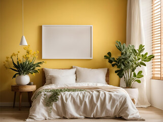 Transform Your Walls: White Framed Canvas Mockup in a Stylish Yellow-Infused Room