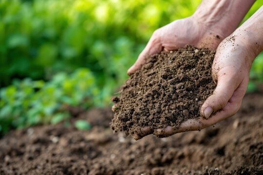 A man holds a handful of fertile soil in his palms. Agriculture, farming. Generative AI