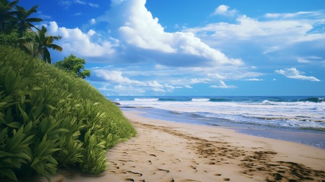 Amazing beach empty blue sky with clouds tree island wallpaper image Ai generated art