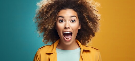 Young woman with surprise expression isolated on bicolor background