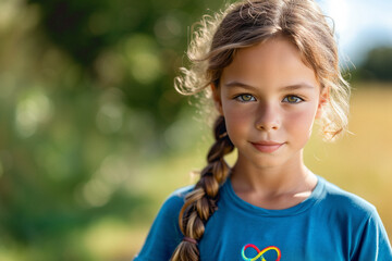 Young caucasian girl with an infinity rainbow symbol on her shirt symbolises hope and support for autism awareness - obrazy, fototapety, plakaty