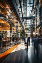 Business people walking in a modern glass and steel building - obrazy, fototapety, plakaty