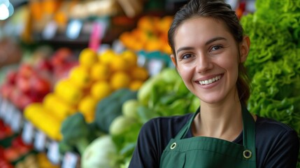 Eastern european cheerful smiling young woman grocery worker close up against colorful shelves with vegetables and fruits - obrazy, fototapety, plakaty