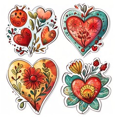 A set of four stickers featuring watercolor hearts with flowers and leaves.