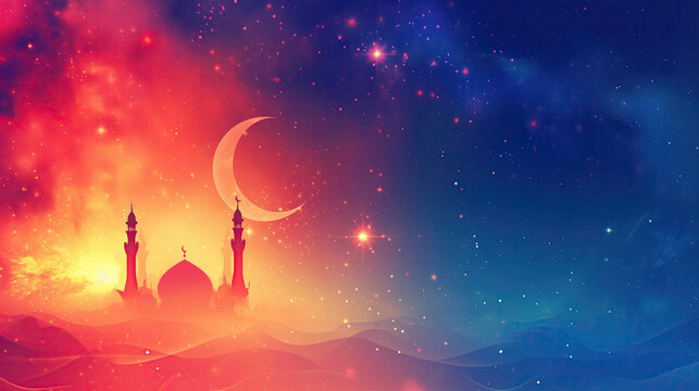 Arabic fairy tales 1001 night. Мosque, islamic holiday banner, for Ramadan,  crescent moon on background
