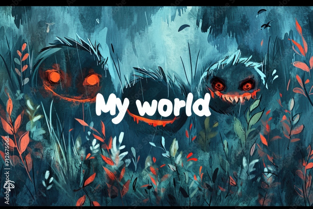Poster a painting of two creepy looking faces in the grass with text my world..