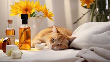 a sleeping cat on a massage towel, surrounded by bottles of aromatic oil and chamomile flowers in the foreground, a composition in a minimalist modern style.