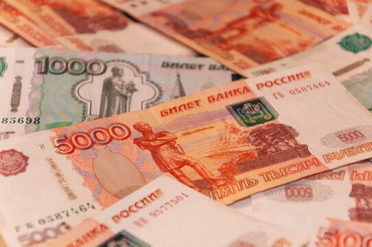 Russian ruble banknotes close-up. Money close-up. Large denomination of money. Paper money. Inflation. Banks. Finance and stock exchange.