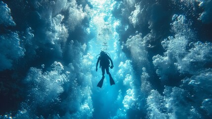 Diver with diving suit, diving in a coral reef with many jellyfish and fish - obrazy, fototapety, plakaty
