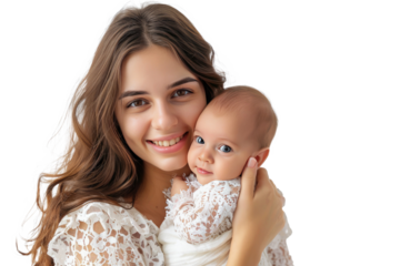 Portrait of mom holding baby with her arms isolated on transparent png background, love moment, newborn sleeping tenderly in arms, cute little infant.