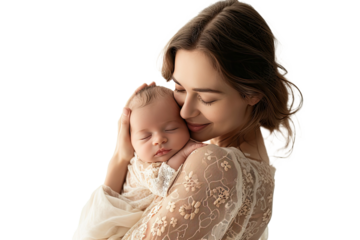 Portrait of mom holding baby with her arms isolated on transparent png background, love moment, newborn sleeping tenderly in arms, cute little infant.