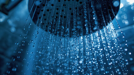 Showerhead with flowing water droplets. - obrazy, fototapety, plakaty