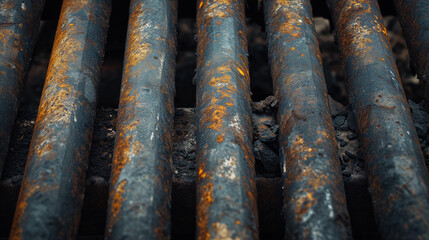 Rusty pipes against a corroded metal backdrop.