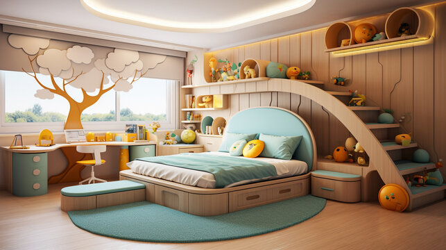 Modern indoor bedroom background ，Children's bedroom photo This is entirely 3D , Generate AI