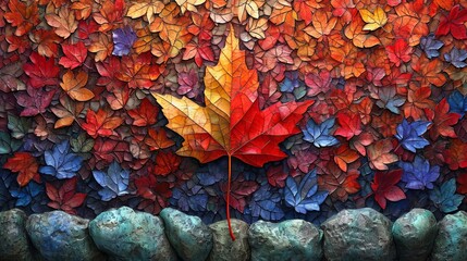 Stained glass window background with colorful Maple Leaf abstract	