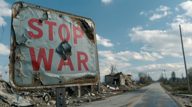 a road sign with the text "STOP WAR" placed amidst a destroyed road background, symbolizing a plea for peace amid destruction.