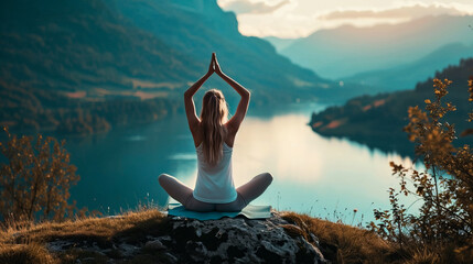 A Caucasian woman performs yoga poses, keeping her balance in a concentrated and balanced manner against the backdrop of the beauty of nature
