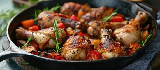 Chicken legs and veggies cooking on cast iron pan