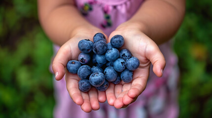 A handful of blueberries in the hands of a little girl
