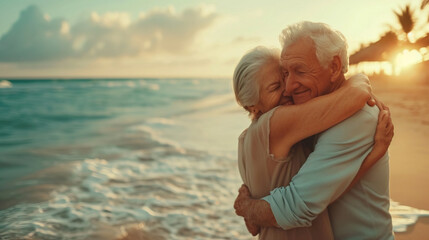 A gentle elderly woman hugs her husband on the beach