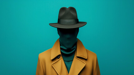 Nobody, the concept of an identity crisis. An impersonal person. A man in a coat and hat, his face is hidden. Turquoise background