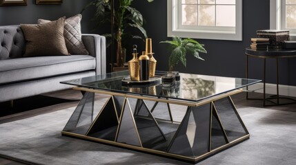 a living room with a gray and gold trapezoid-shaped coffee table, featuring a Canterbury theme made of glass, the elegant and sophisticated ambiance of the interior.