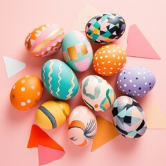 Fototapeta na wymiar Happy Easter. Greetings card of some colorful painted Easter eggs with different designs, dot and stripes, peach fuzz colors, unique contemporary pattern. Top view