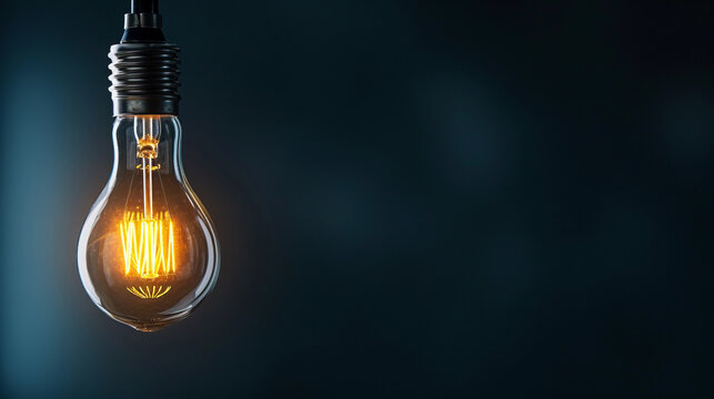 One of the light bulbs glows against the background of a light bulb turned off in a dark area with a copy space for creative thinking