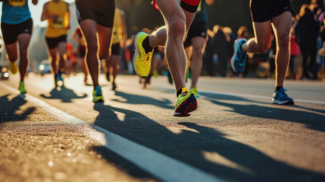 Runners and joggers compete in a marathon race while running