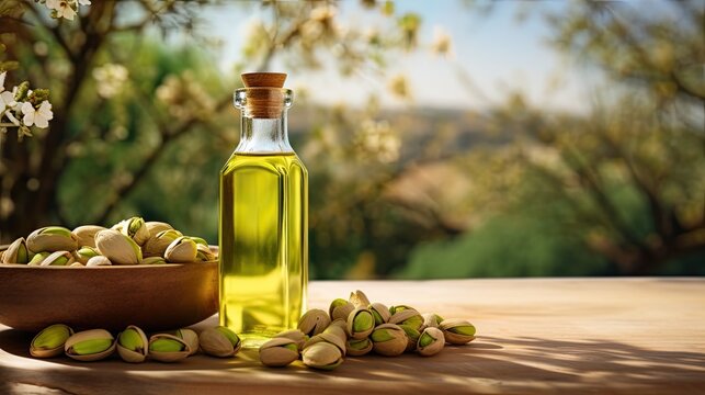 a glass bottle filled with pistachio oil, accompanied by pistachios on a wooden table, set against the natural backdrop of a pistachio garden, the essence of healthy natural foods and cooking oil.