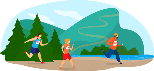 Two men and a woman are running in a marathon race outdoors, with numbers on their sportswear, trees and mountains in the background. Competition in nature and fitness challenge vector illustration.