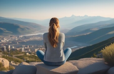 Adventure photo of young short haired woman sitting on the rock over the city with hill (Zobor) on background. Traveler (female model) resting and enjoying the view on the cityscape and landscape.