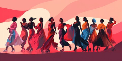 Happy Women's day. Women of different ethnicities and cultures stand side by side together and dancing. Sisterhood and females friendship. sexy multiethnic girls best friends. happy african american