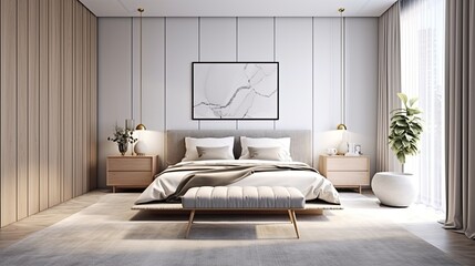a luxurious bedroom in a minimalist modern style. Highlight the clean lines, spaciousness, and opulence of the decor for a visually striking composition.