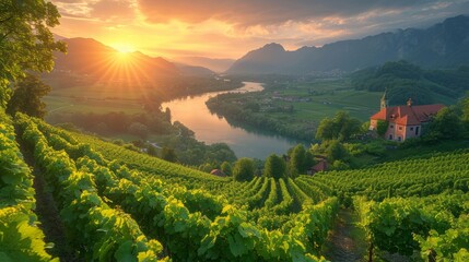 Beautiful landscape with mountains and river in a wine region, sunshine bright summer