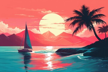 Fototapeta premium Colorful sunset on the tropical island. Beautiful ocean beach with palms and yacht illustration. Summer traveling and holiday. Palm trees and sea. Nature landscape and seascape