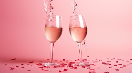 two clinking champagne glasses, accompanied by a splash of red heart-shaped confetti over a pink background, with ample copy space, embodying the essence of Valentine's Day.