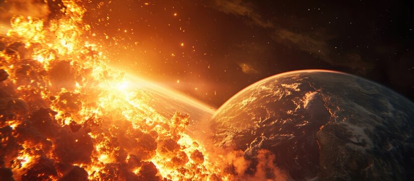 Realistic visualization of Earth on fire and exploding in science fiction.
