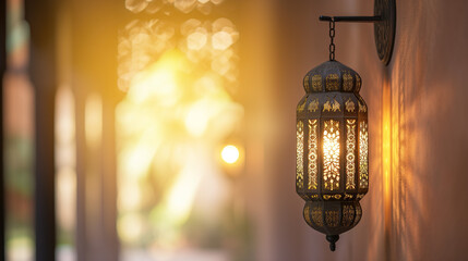 Muslim Holy Month Ramadan Kareem background  - Ornamental Arabic Lantern With Burning Candle Glowing