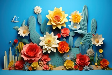 Paper art style carving of blossom desert landscape show sand flowers and cactus plants.