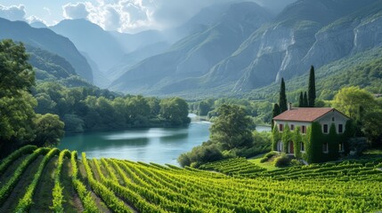 Beautiful landscape with mountains and river in a wine region, sunshine bright summer