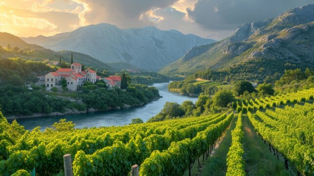 Beautiful landscape with mountains and river in a wine region, sunshine bright summer